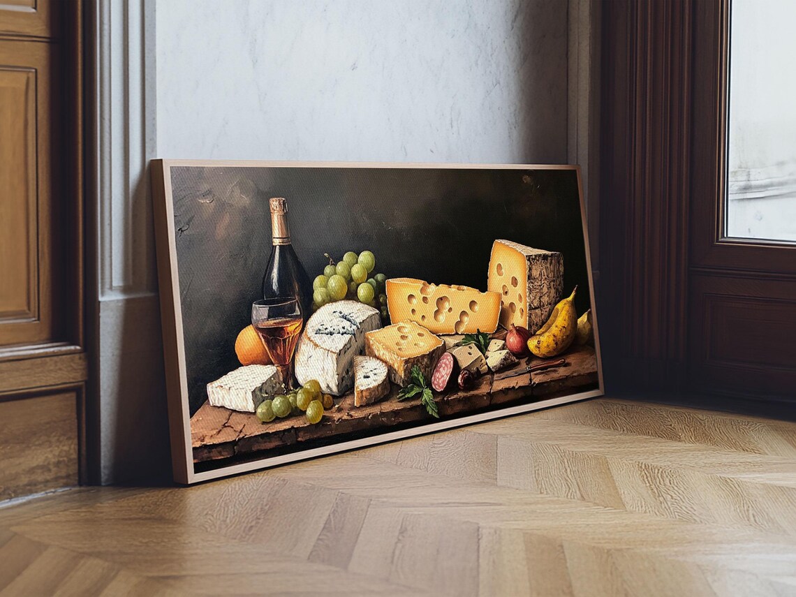 Cheese Wine Grapes And Salami Classic Still Life Painting Kitchen Print - Image 2