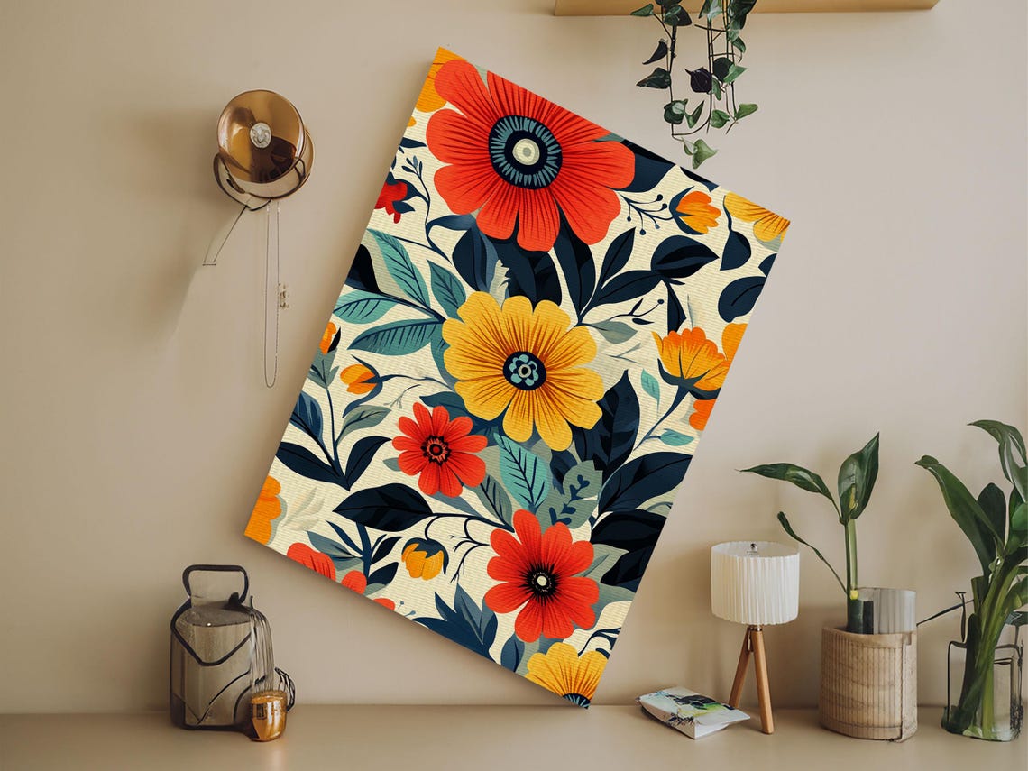 Mid Century Modern Floral Pattern Bold Retro Blooms Cream Art Poster