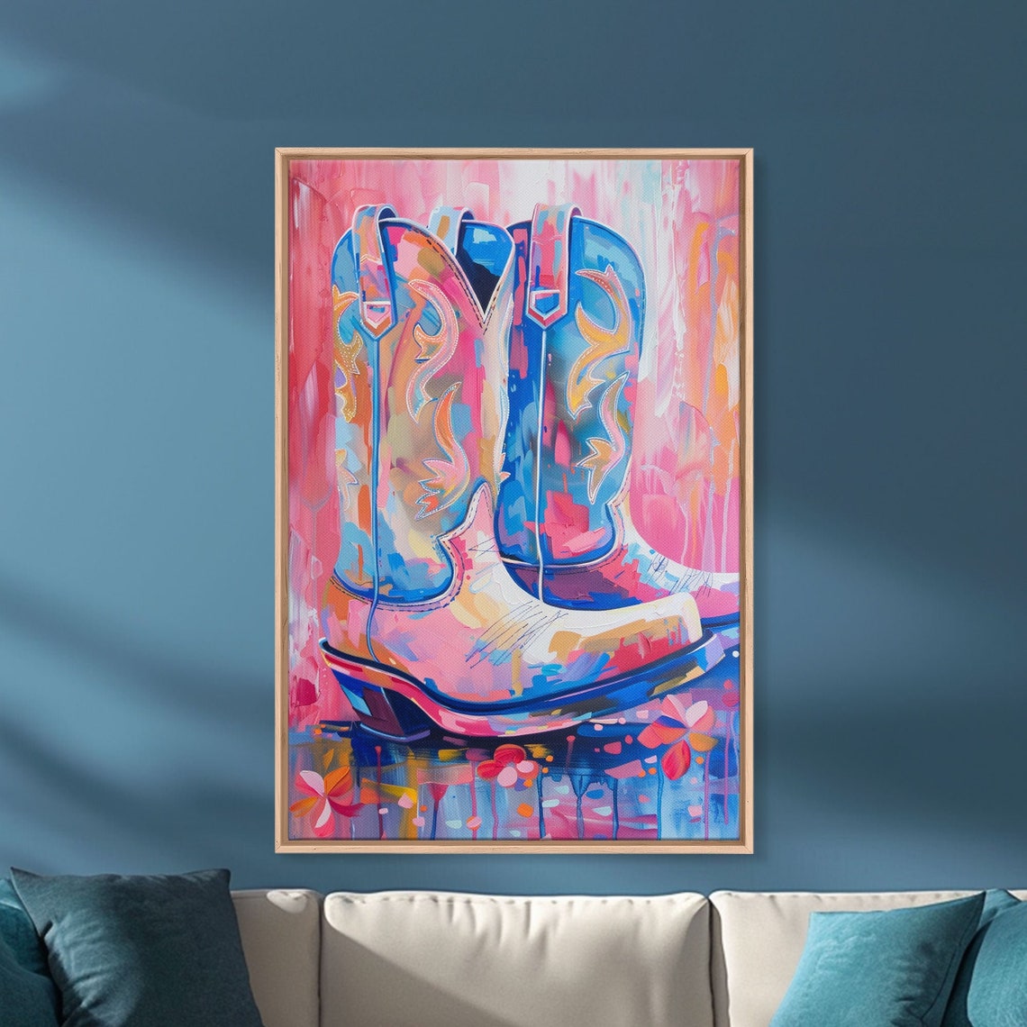 Colorful Cowboy Boots In Pink And Blue With Floral Details Art Poster - Image 2