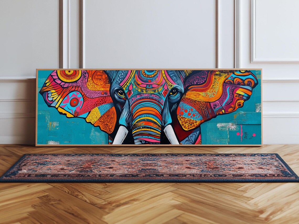 Vibrant Geometric Elephant Head Colorful Tribal Art Panoramic Wall Poster - Image 3