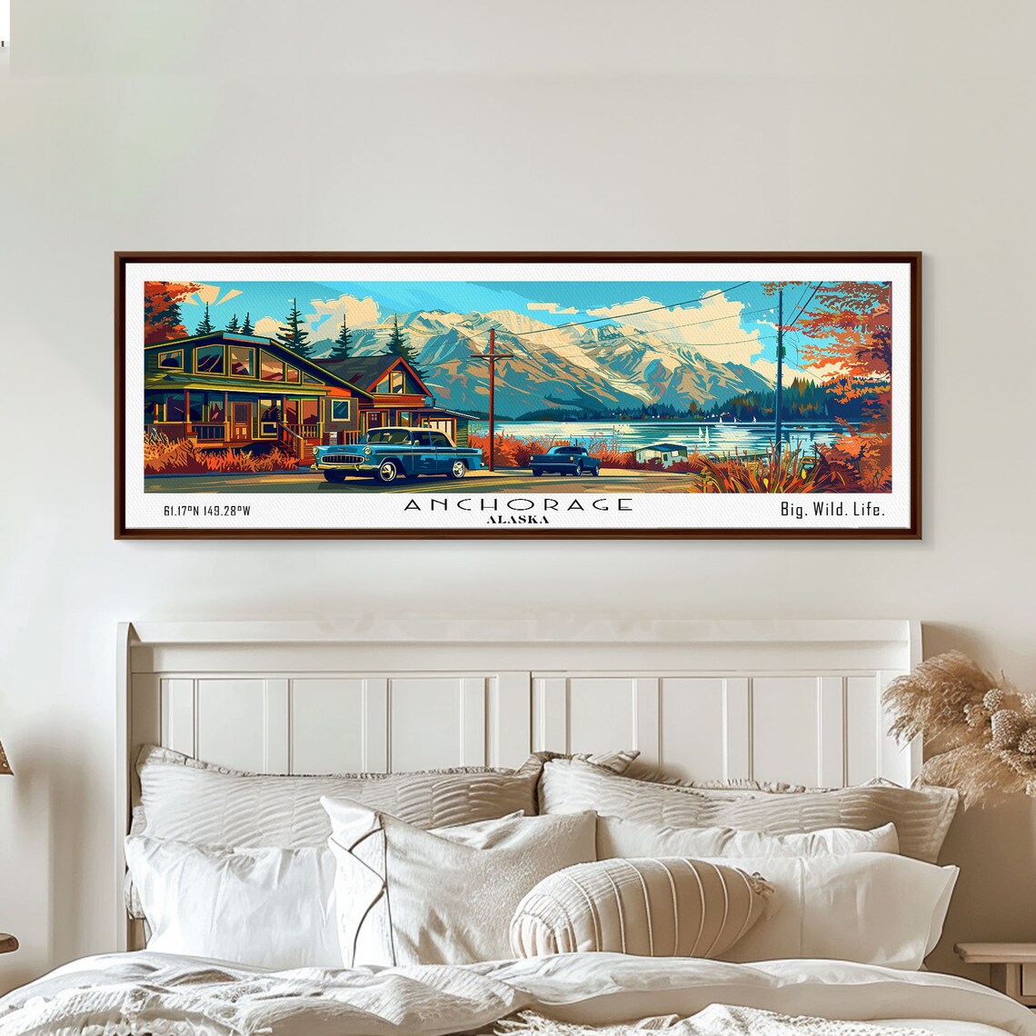 Anchorage Alaska Lakeside Cabins Snowy Mountains Vintage Truck Travel Poster - Image 2