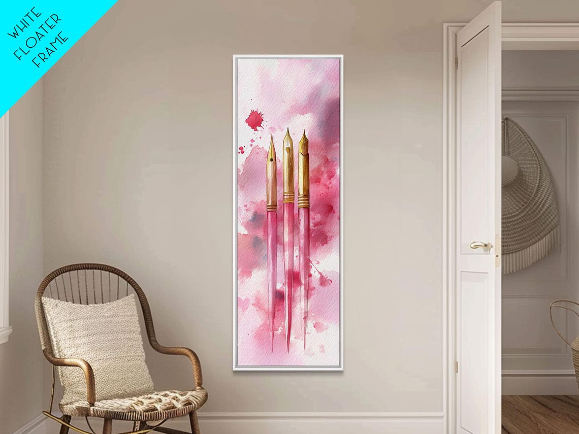 Pink Fountain Pens With Gold Nibs Watercolor Writer Office Wall Art - Image 6