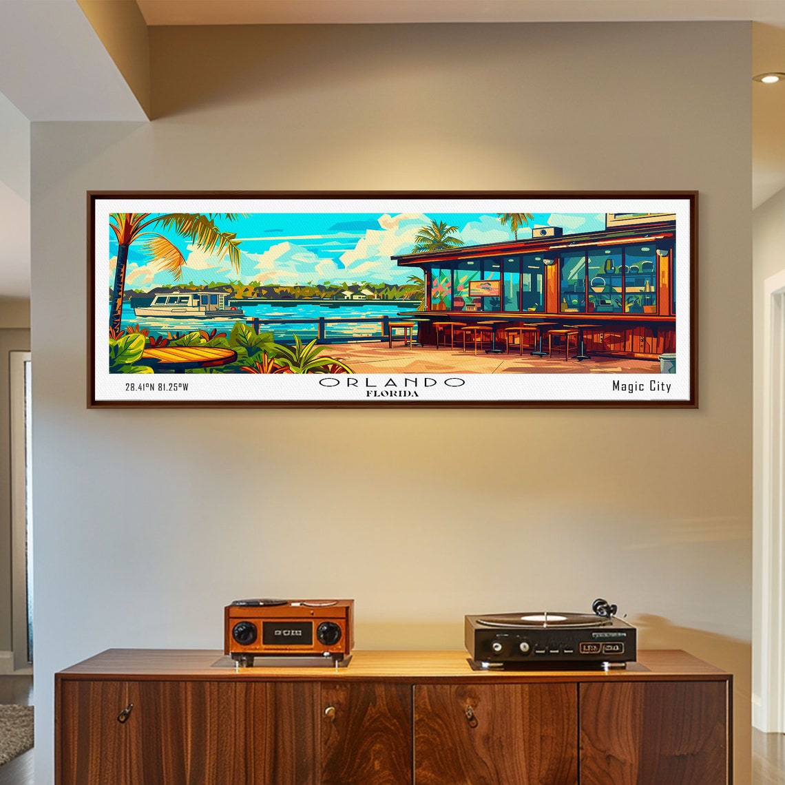 Orlando Florida Lakeside Bar Palm Trees Boat Sunset View Travel Poster - Image 5