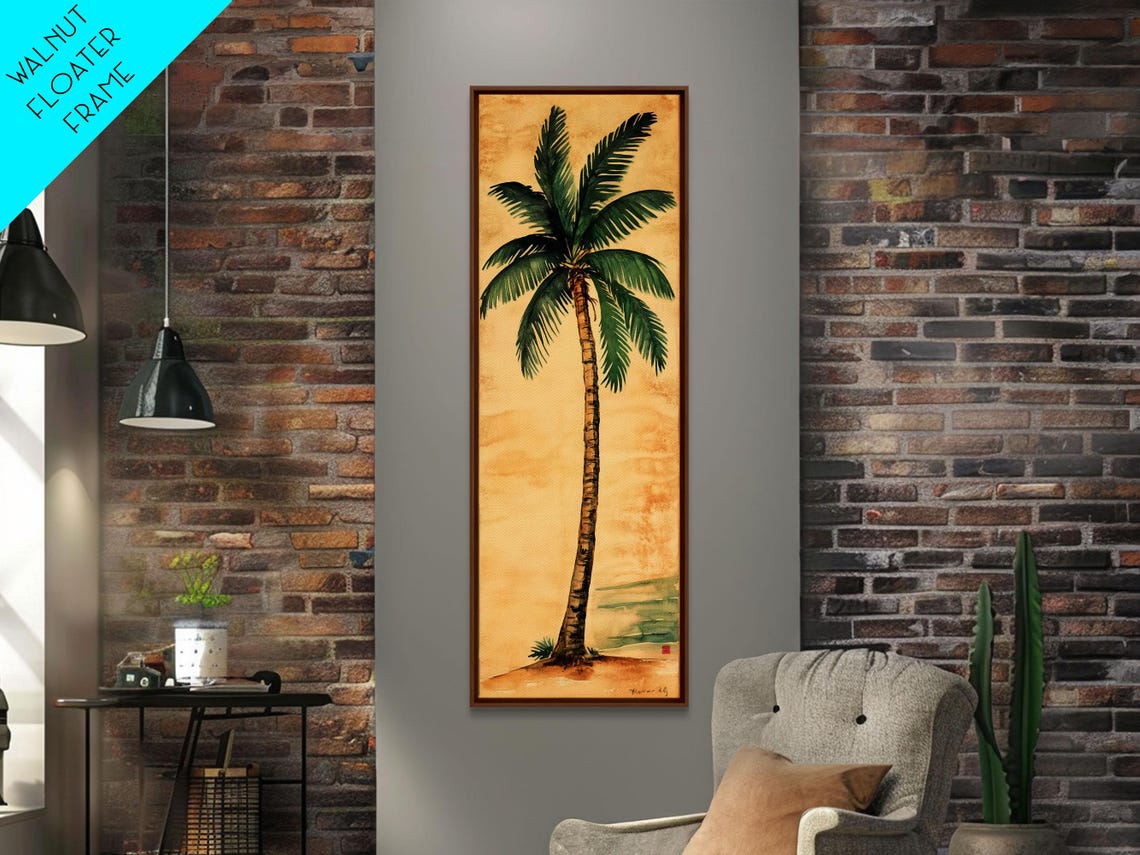 Tall Tropical Palm Tree Lush Green Fronds Warm Sunset Beach Art Poster - Image 2