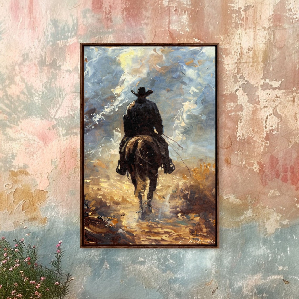 Cowboy Horseback Riding Away Golden Light Western Oil Painting Print - Image 4