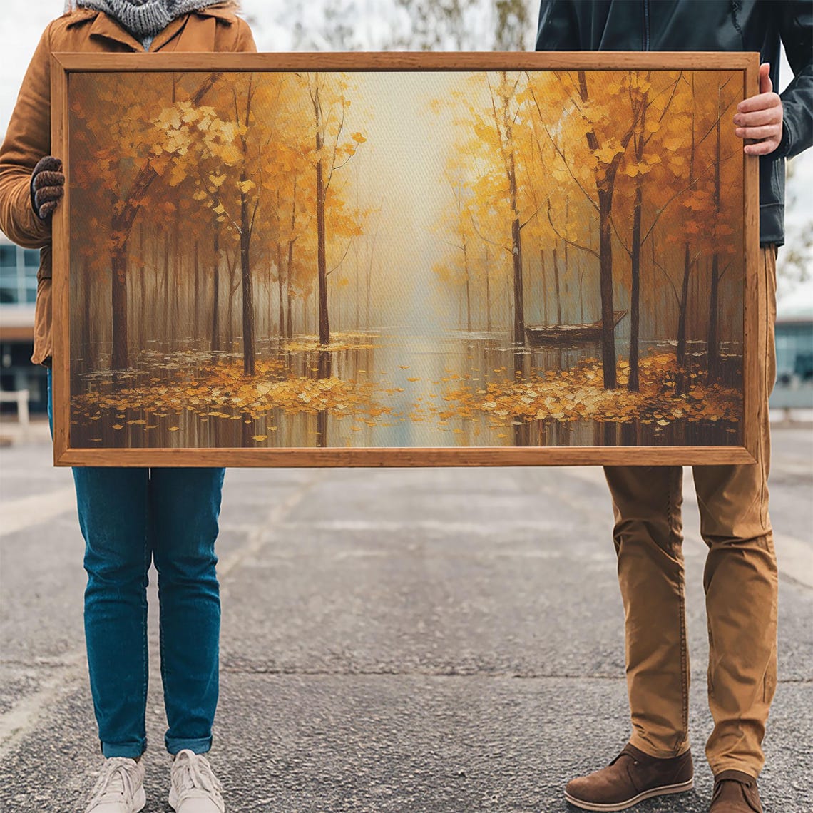 Golden Autumn Forest Flooded Leaves Misty Lake Painting Wall Art - Image 3