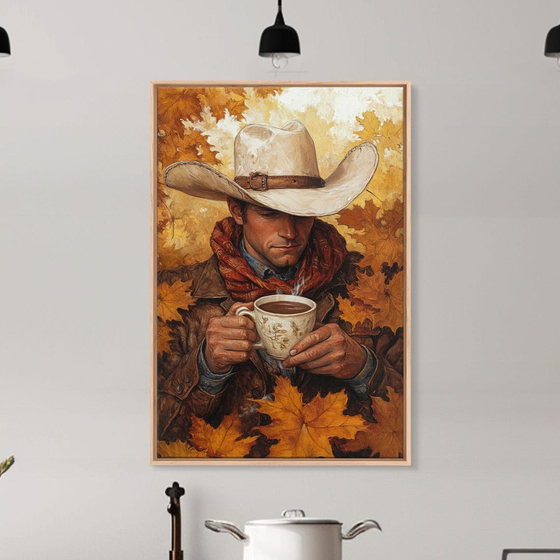 Cowboy With Coffee Mug Autumn Maple Leaves Warm Cozy Art Poster - Image 4