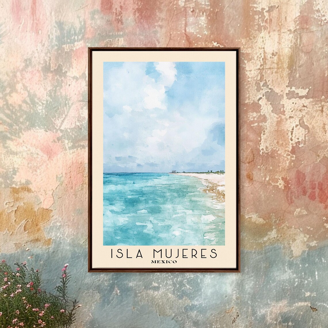 Isla Mujeres Mexico Bright Turquoise Sea White Beach Watercolor Wall Poster - Image 4