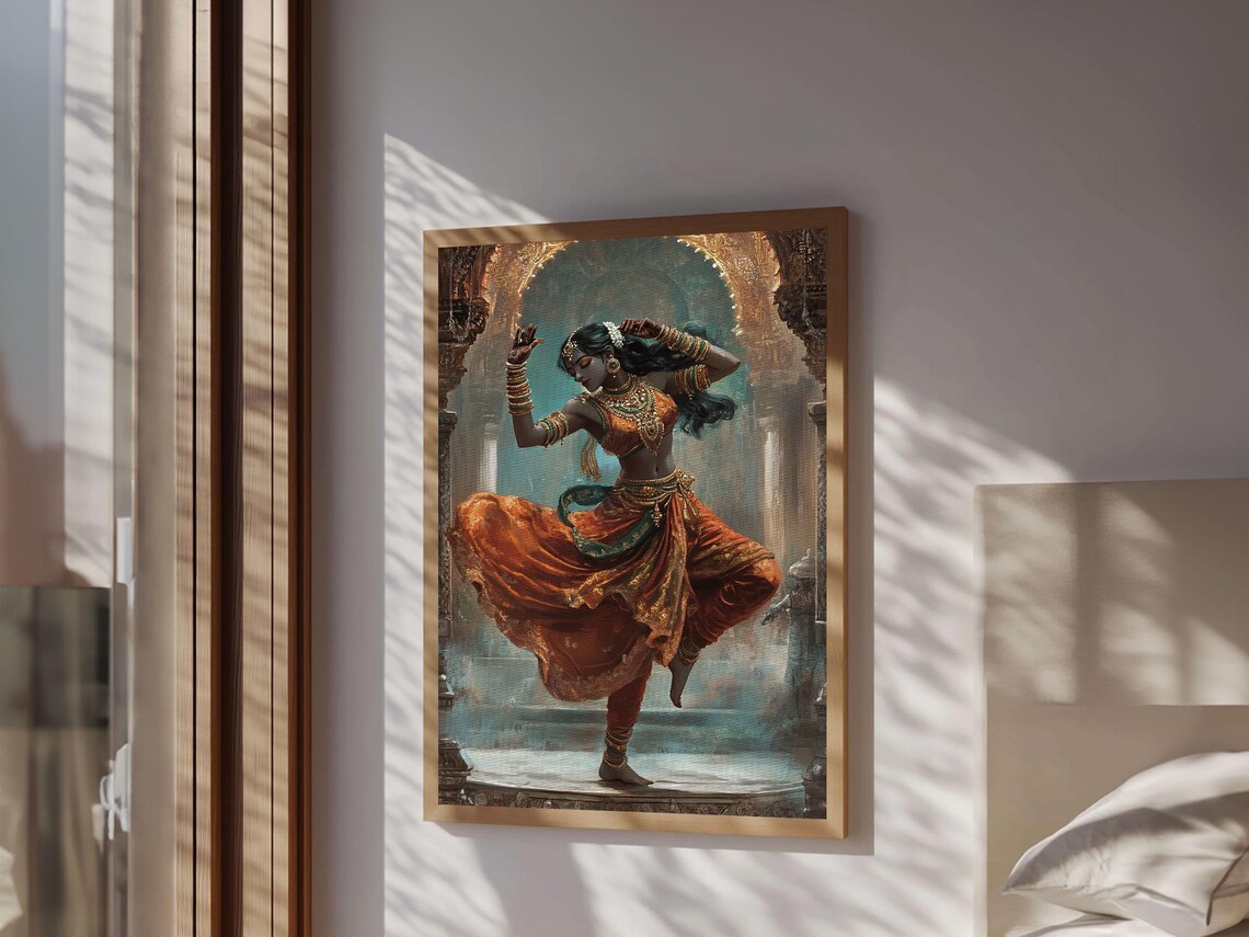 Indian Woman Dancing Orange Sari Temple Traditional Bollywood Art Poster - Image 3