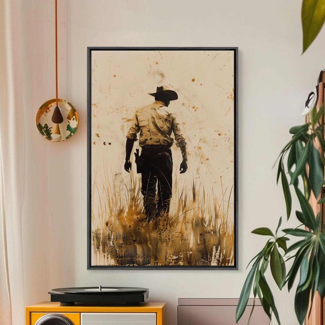 Cowboy Walking Through Field In Sepia Vintage Style Western Art Poster - Image 5