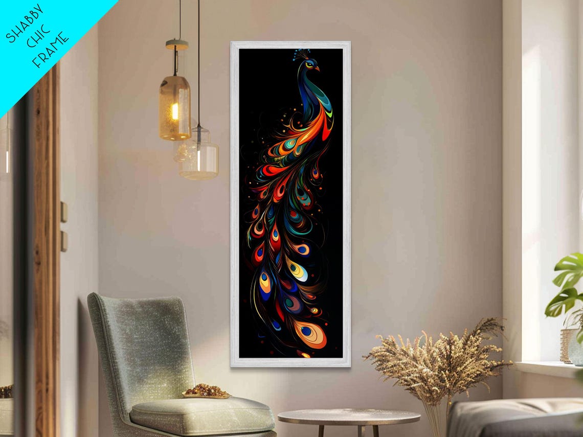 Whimsical Rainbow Peacock Black Background Vertical Boho Art Poster - Image 2