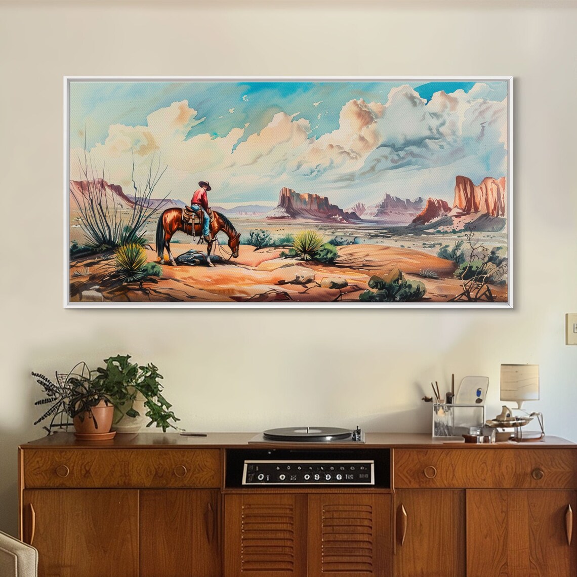 Cowboy on Horse Overlooking Desert Canyon Western Frontier Art Poster