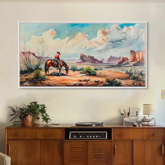 Cowboy Gazing Over Expansive Desert Boho Western Landscape Art Framed Print Living Room Wall Decor Rustic Country Style