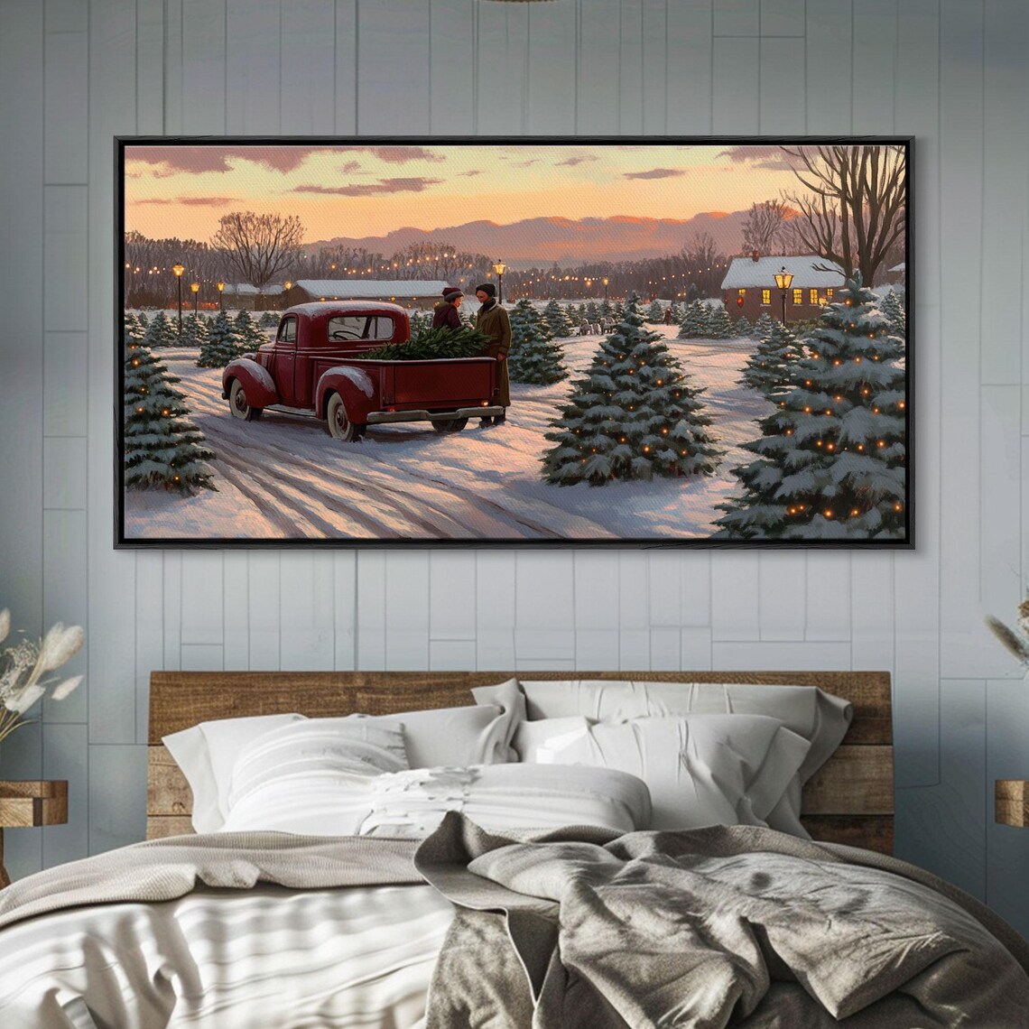 Vintage Red Truck At Snowy Christmas Tree Farm Sunset Glow Poster - Image 3