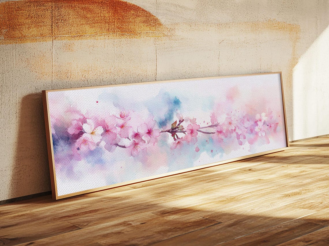 Cherry Blossom Branch Pink Watercolor Ukiyo E Panoramic Wall Poster - Image 6