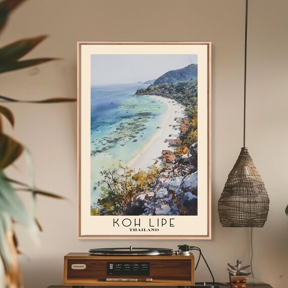 Koh Lipe Thailand Aerial Lagoon Beach Fishing Boats Watercolor Poster
