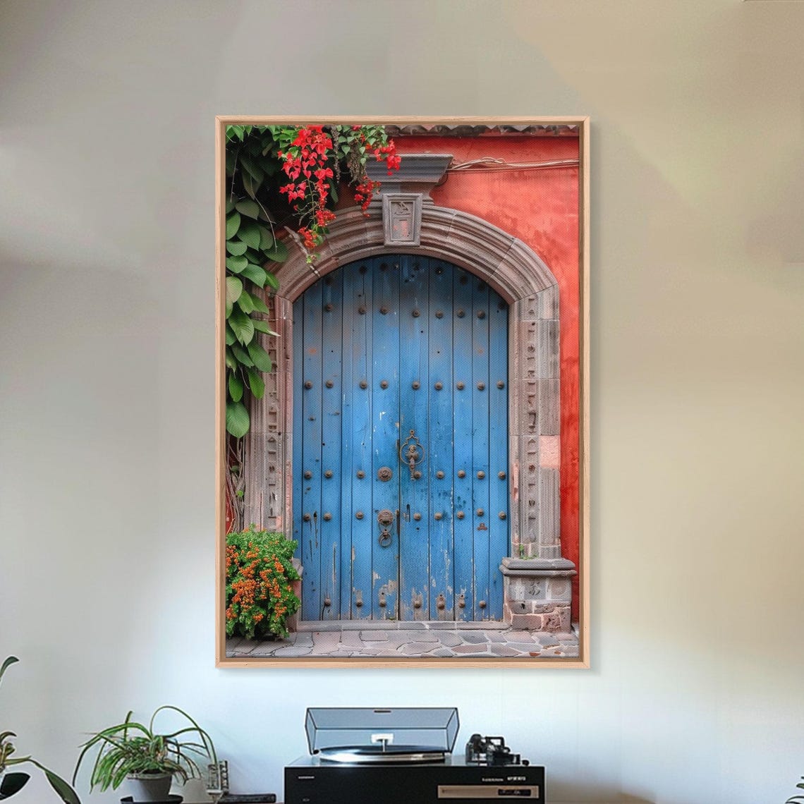 Traditional Mexican Style Rustic Blue Door Tall Art Framed Print Featuring Detailed Architecture - Image 5