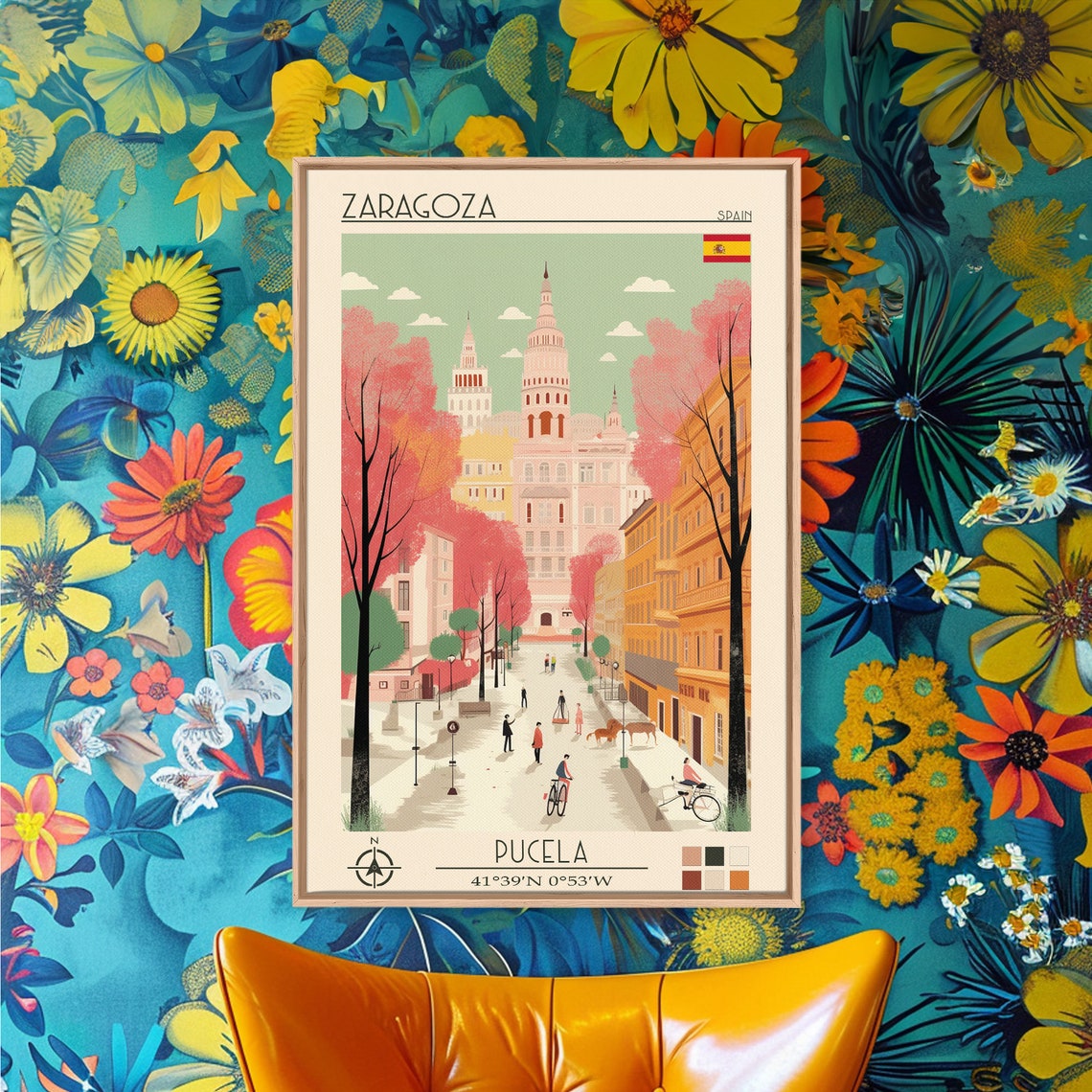 Zaragoza Spain Basilica Towers Pink Tree Lined Plaza Travel Poster - Image 4