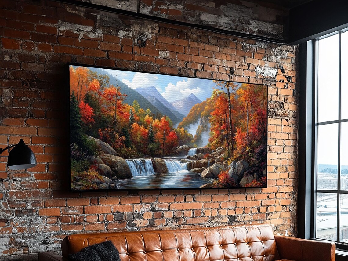Waterfall In The Forest Landscape Oil Painting Print - Image 3