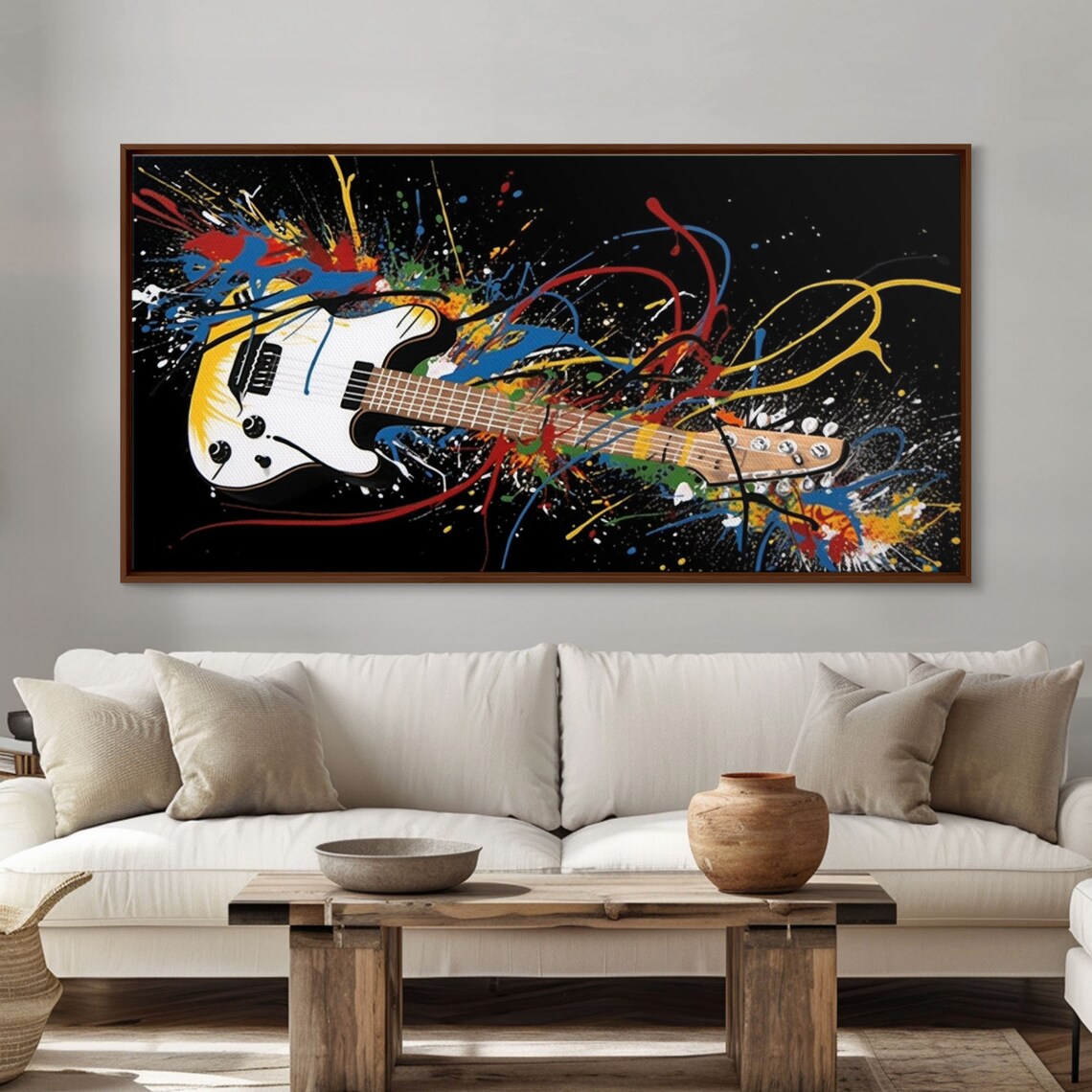 Electric Guitar Paint Splatter Colorful Music Art Black Background Poster