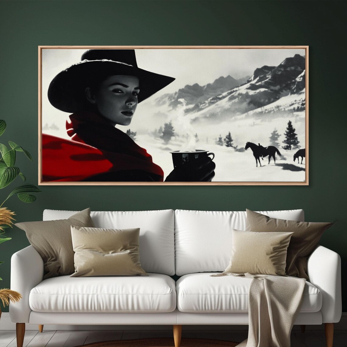 Moody Cowgirl Portrait In Snow With Red Poncho Black And White Poster - Image 5