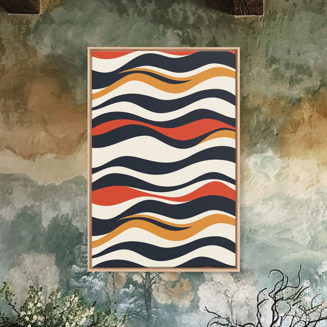 Mid Century Modern Wavy Ripple Wall Art Print Navy Orange Red Abstract - Image 4