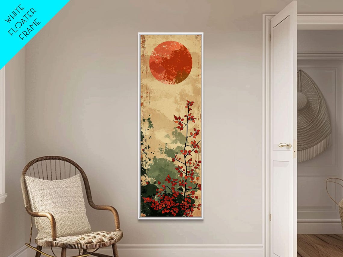 Abstract Coral Sun Over Red Leaf Branch On Vintage Cream Art Poster - Image 6