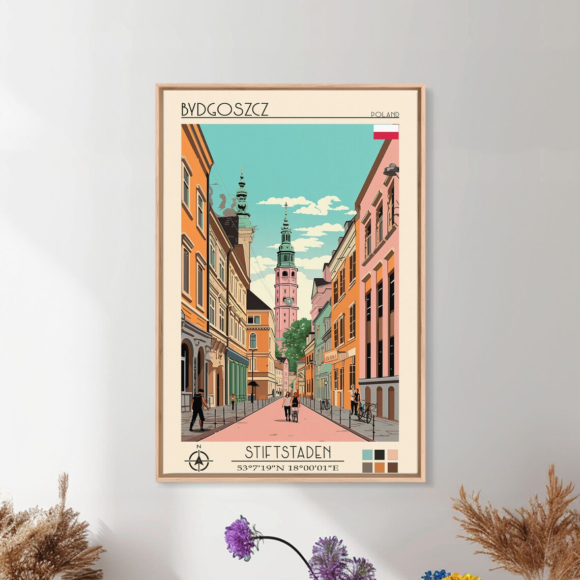 Bydgoszcz Poland Pink Street Twin Church Towers Pedestrian Poster