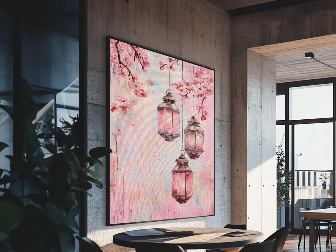 Moroccan Lanterns Cherry Blossom Pink Watercolor Boho Art Poster - Image 4