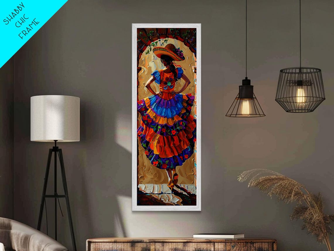 Mexican Dancer In Colorful Ruffled Dress And Sombrero Impasto Wall Art - Image 2