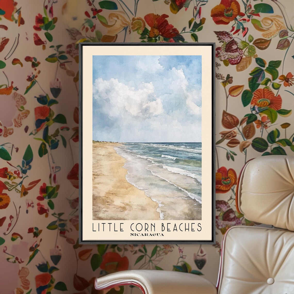 Little Corn Island Nicaragua Sandy Beach Gentle Waves Watercolor Poster - Image 2