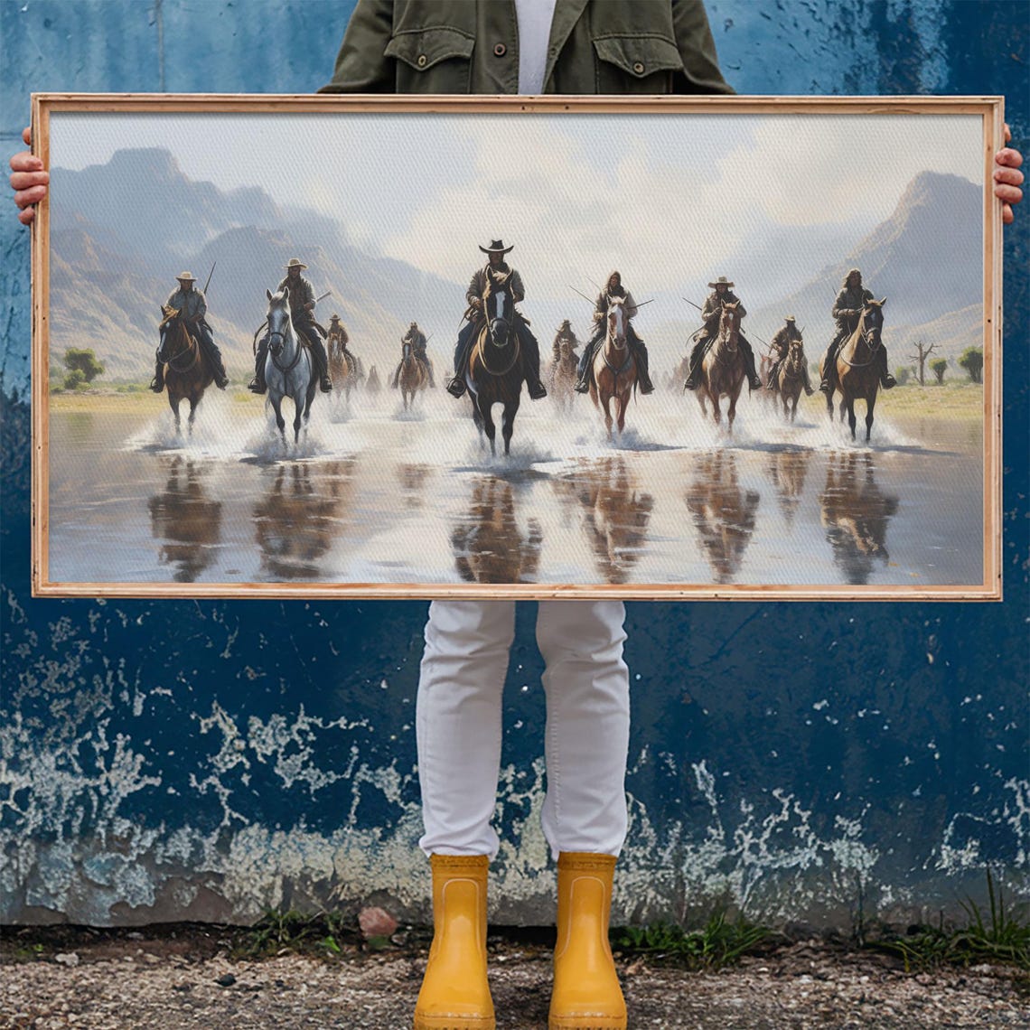 Cowboys On Horseback River Crossing Mountain Western Art Poster - Image 6