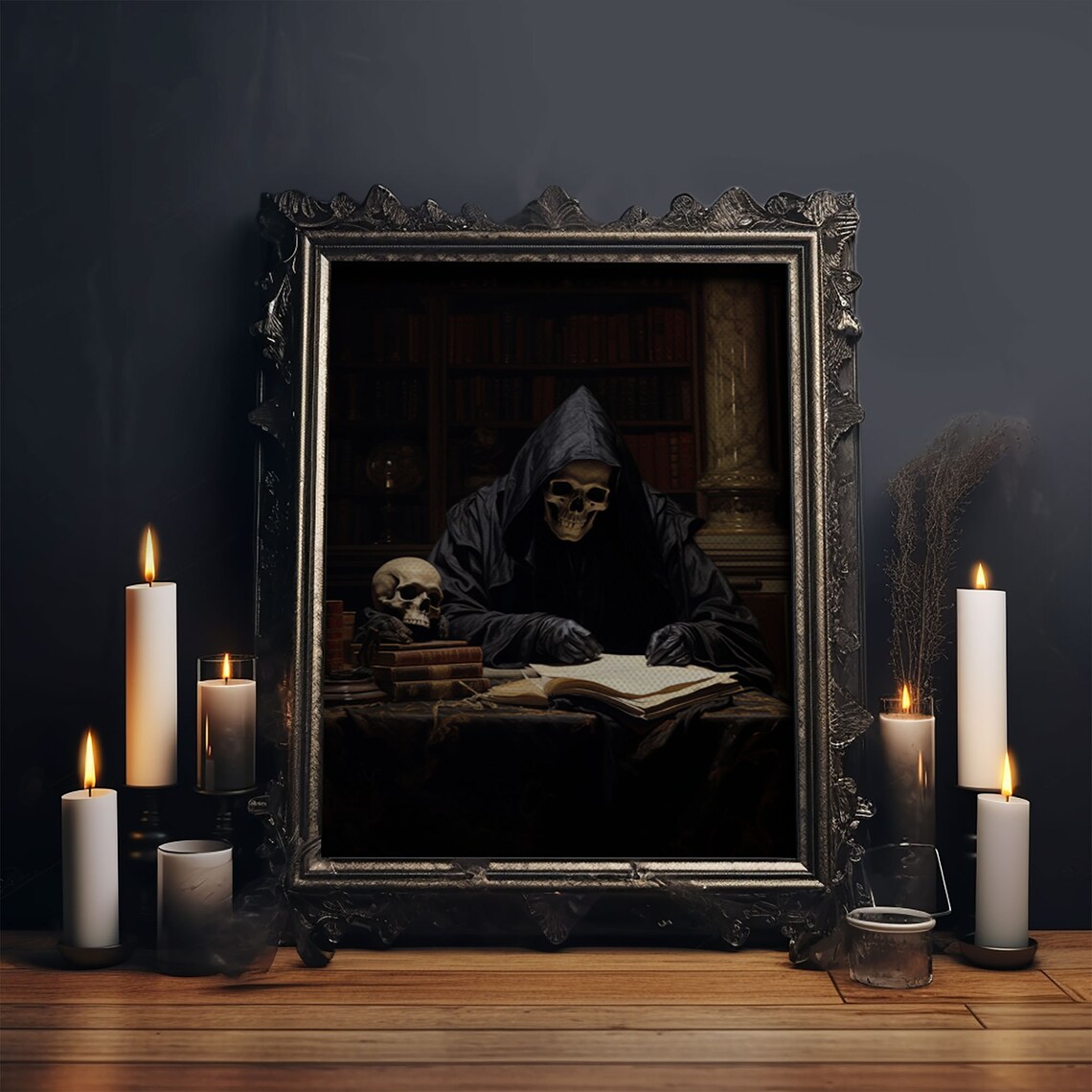 Grim Reaper in His Study, Gothic Halloween Art Print - Image 5