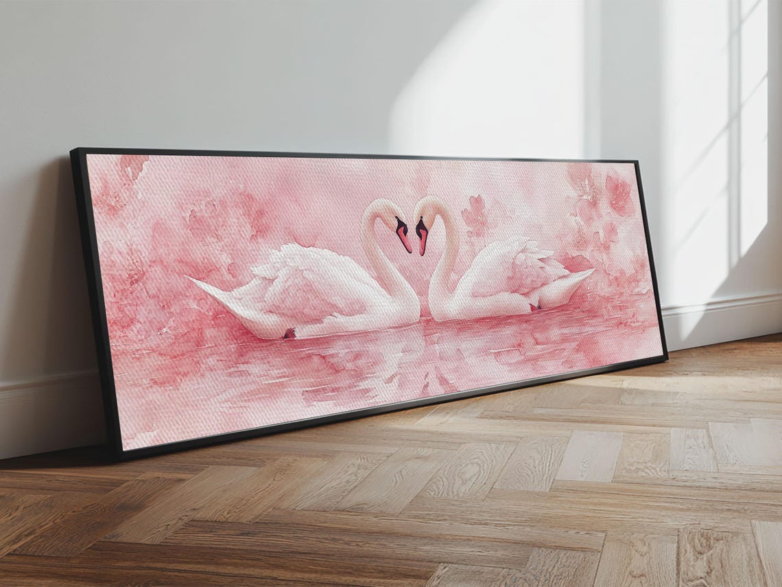 Swan Pair Pink Blossom Lake Watercolor Romantic Animal Wall Art - Image 4