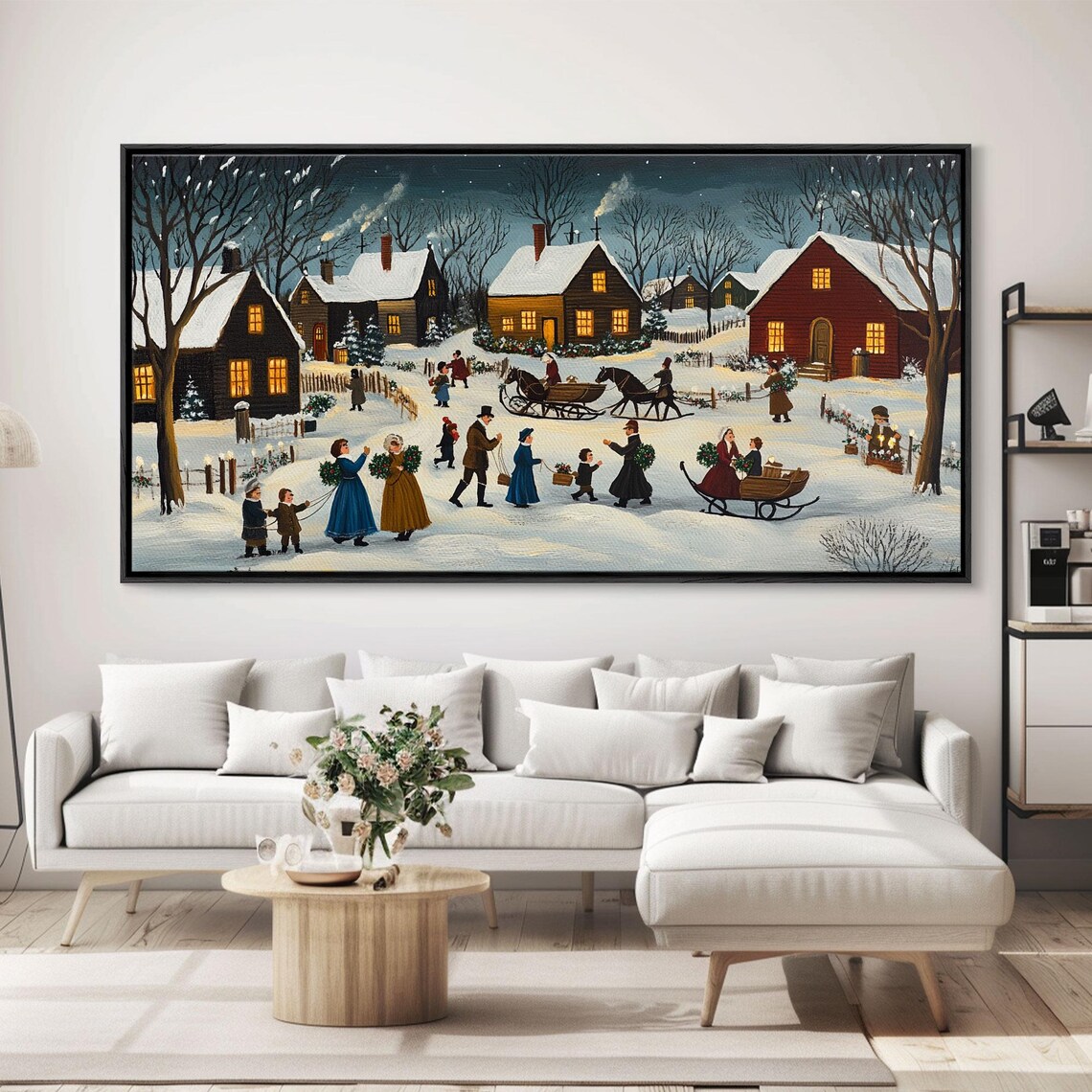 Colonial Christmas Village Sleigh Rides Folk Art Night Winter Print - Image 4