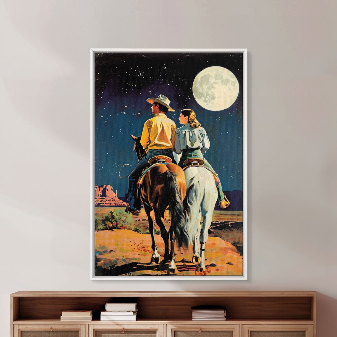 Cowboy Couple On Horseback Gazing At Moon In Desert Night Poster - Image 4
