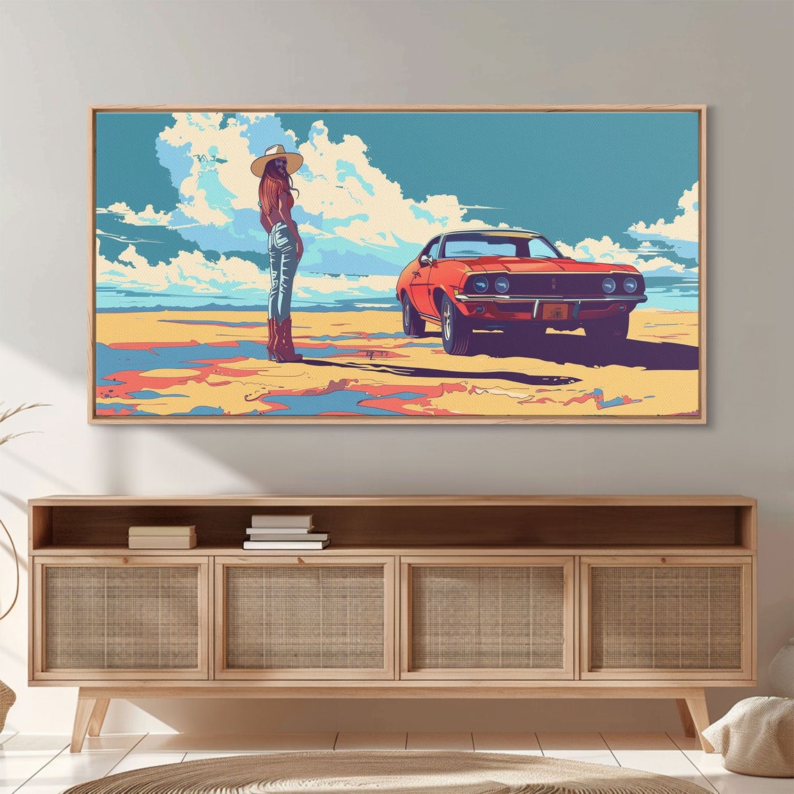 Vibrant Pop Art Cowgirl With Red Classic Car Under Desert Sky Poster - Image 4