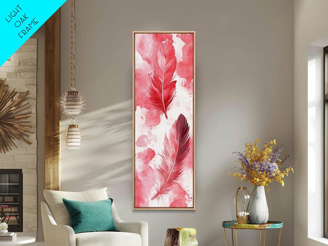 Elegant Pink Red Feathers Watercolor Minimalist Boho Wall Art - Image 3