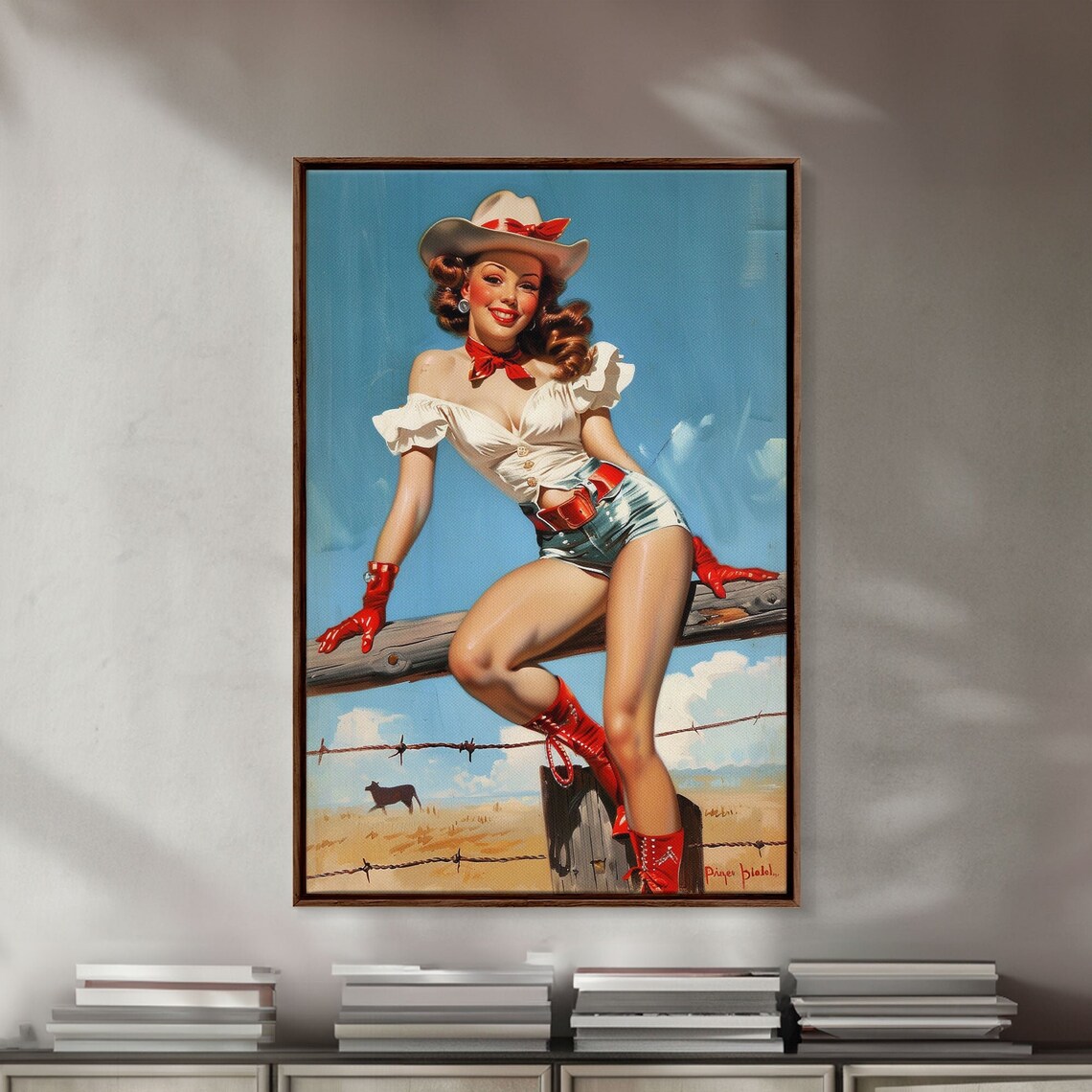 Vintage Cowgirl Pin Up Fence Red Boots Retro Western Wall Art - Image 4