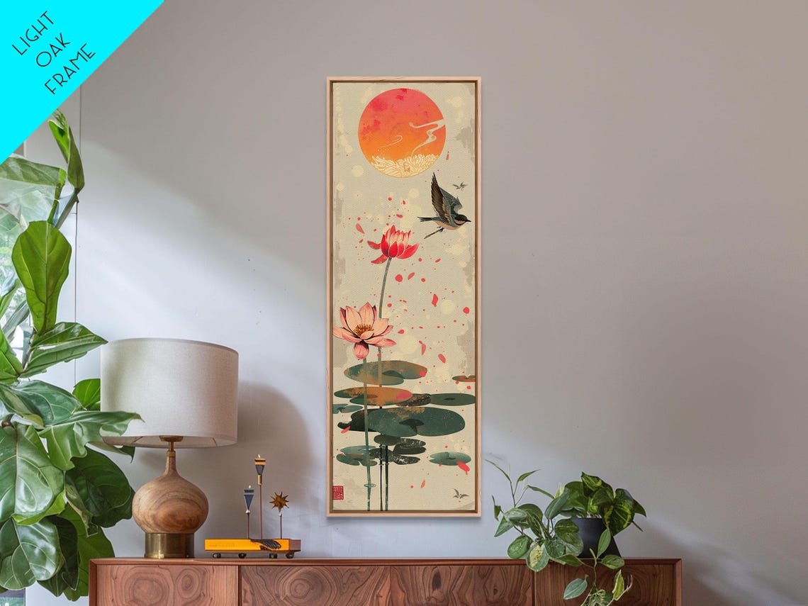 Pink Lotus Flowers Bird Red Sun Lily Pads Japanese Art Poster - Image 3