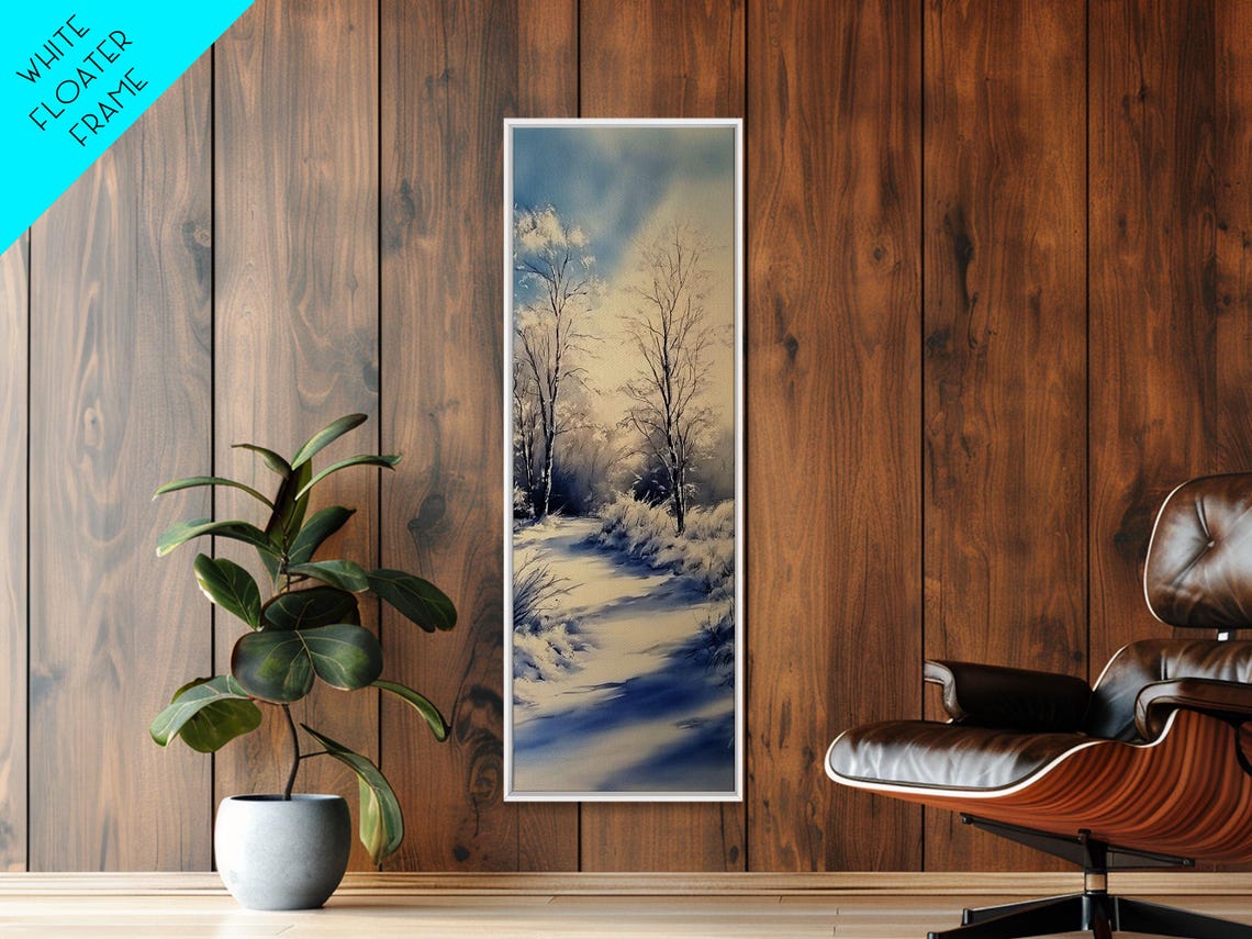 Serene Winter Birch Forest Snowy Path Minimalist Blue Haze Art Poster