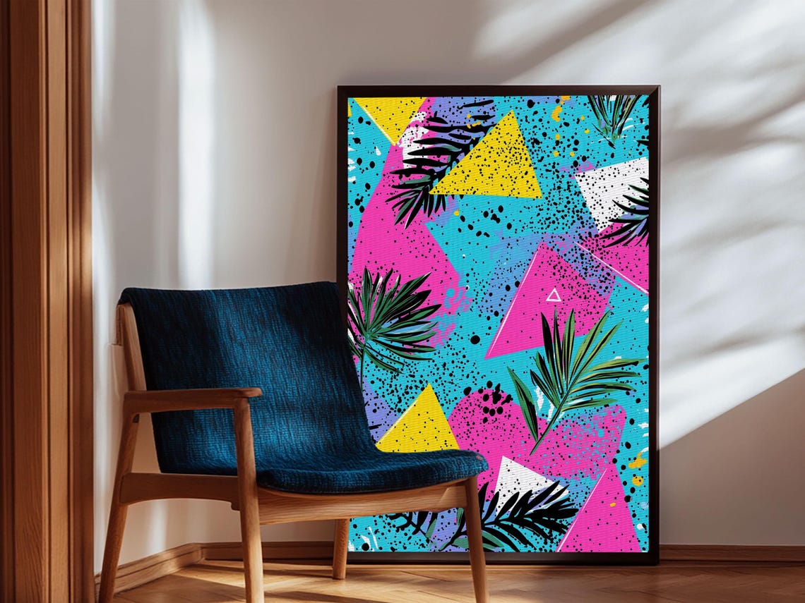 Retro 90s Neon Triangles Palm Leaves Turquoise Pink Pop Wall Art - Image 6