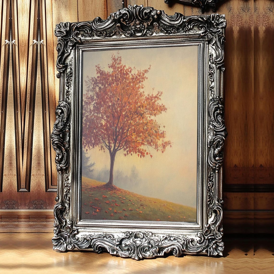 Solitary Fall Tree Orange Leaves Misty Hillside Serene Autumn Wall Art - Image 2