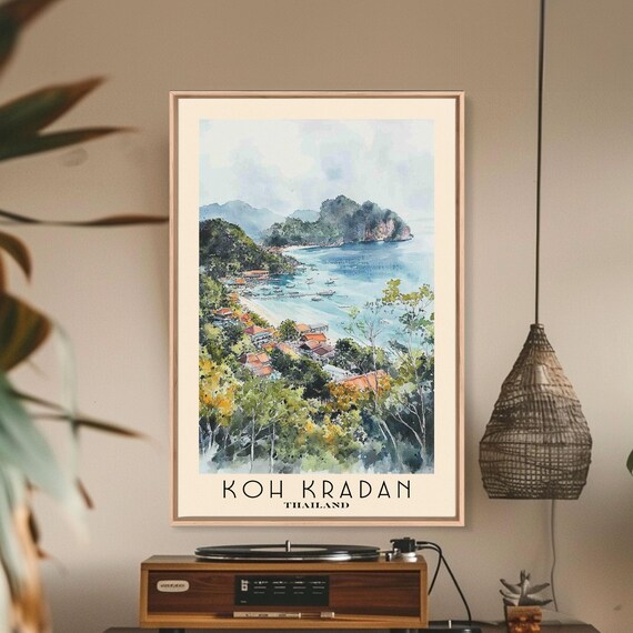 Koh Kradan Thailand Karst Island Bay Boats Village View Watercolor Poster
