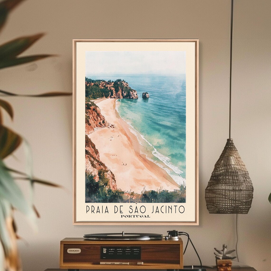 Praia de Sao Jacinto Portugal Aerial Beach View Cliffs Turquoise Sea Watercolor Poster - Image 2