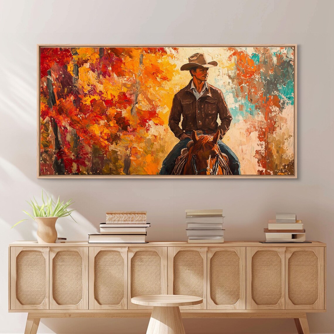 Cowboy On Horseback Against A Fiery Abstract Autumn Sky Art Print - Image 5