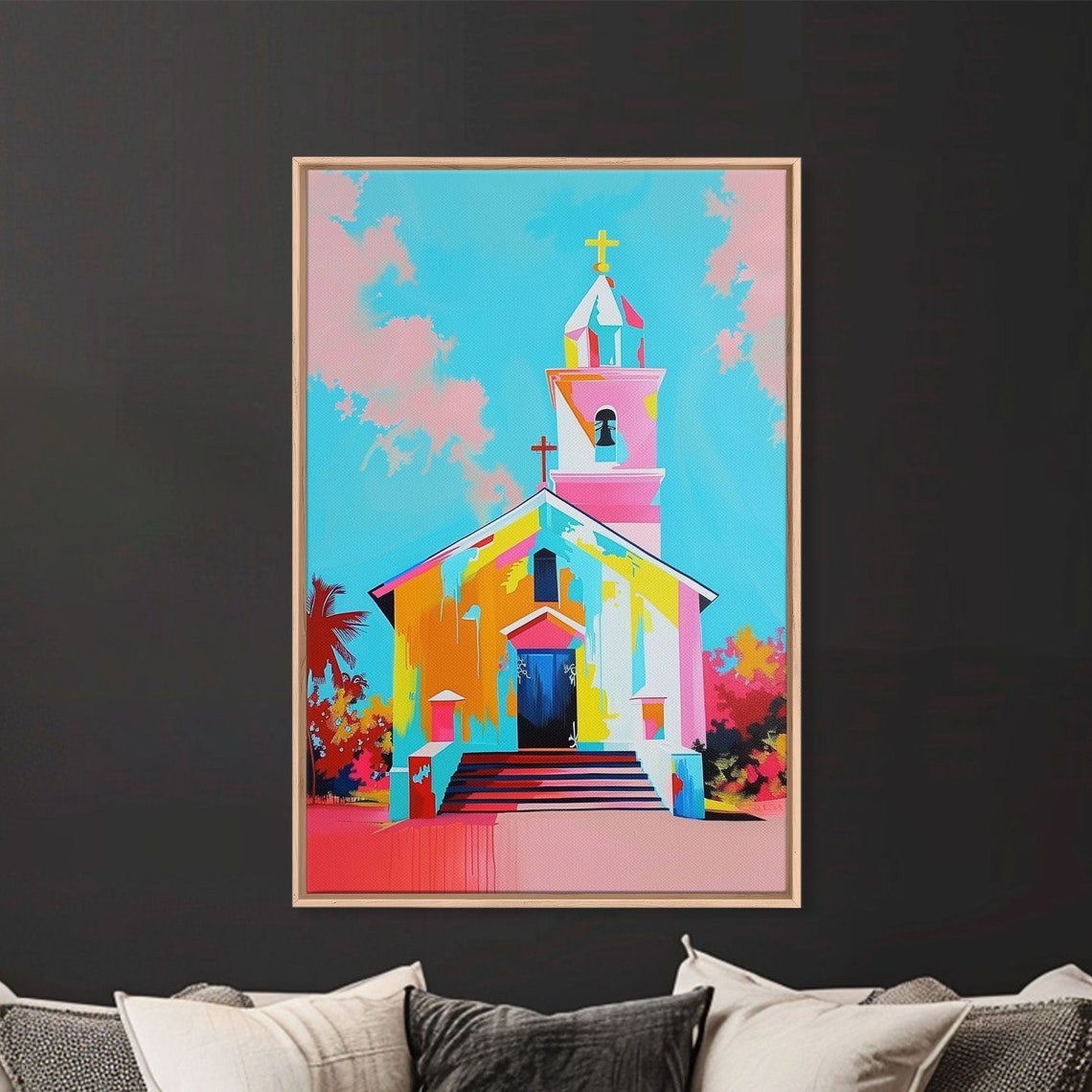 Colorful Pastel Church Painting With Blue Sky And Pink Clouds Poster - Image 4