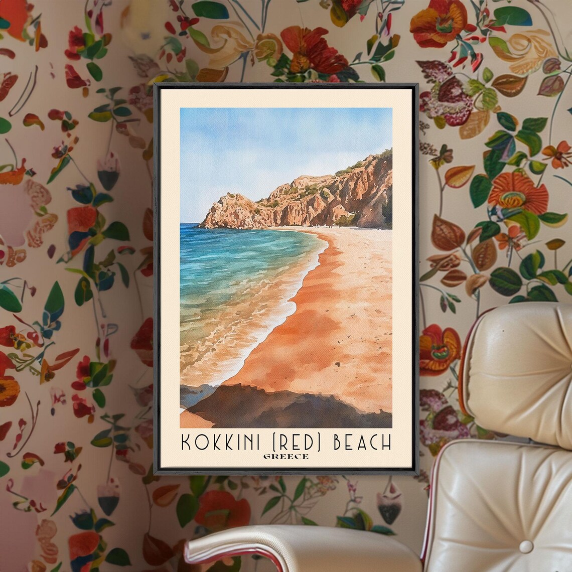 Kokkini Red Beach Greece Red Sand Cliffs Turquoise Water Watercolor Poster - Image 2