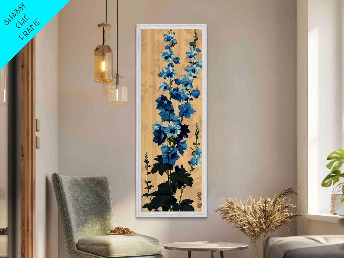 Tall Blue Delphinium Flowers Against Beige Japanese Style Wall Art - Image 5