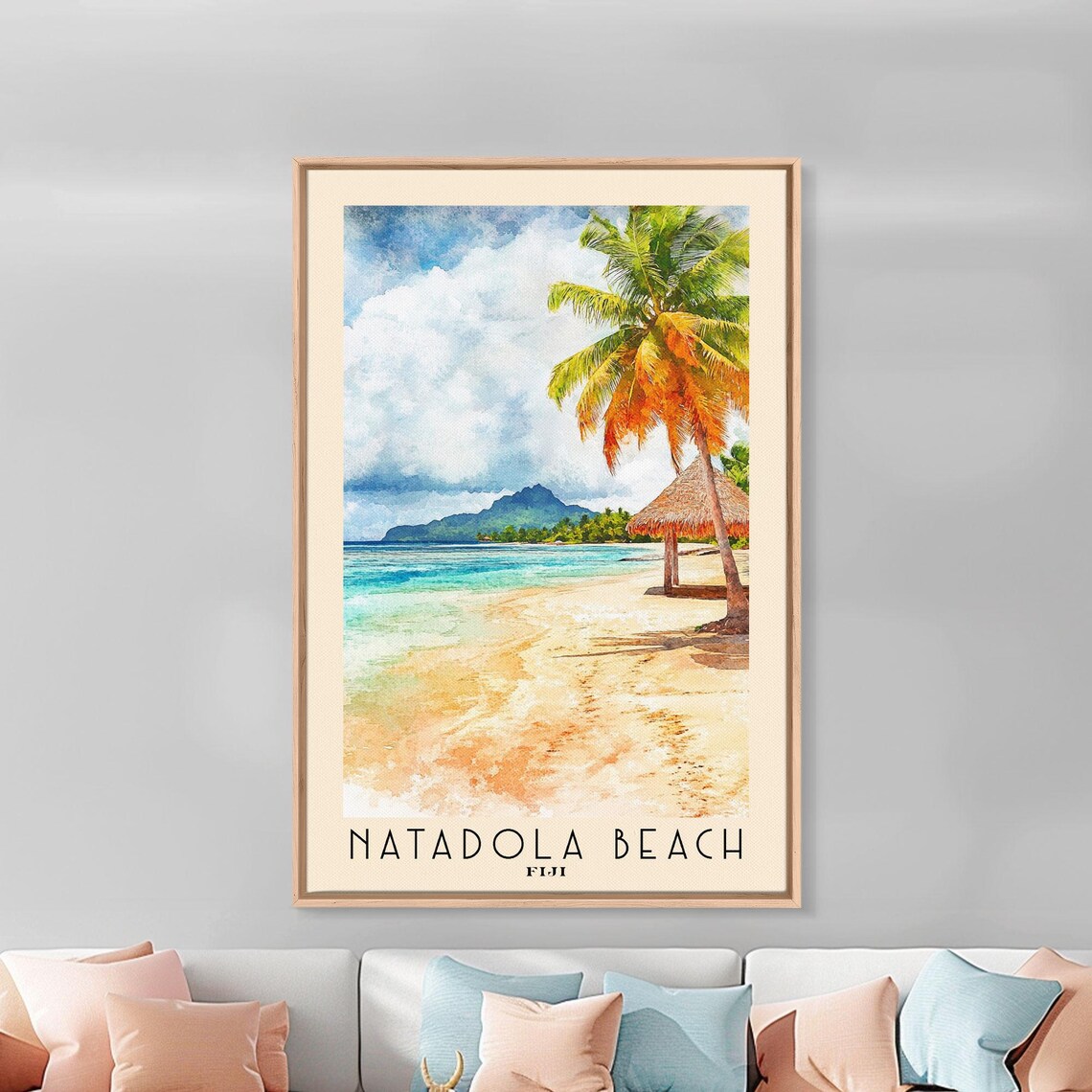 Natadola Beach Fiji Palm Tree Thatched Hut Island Watercolor Poster - Image 3